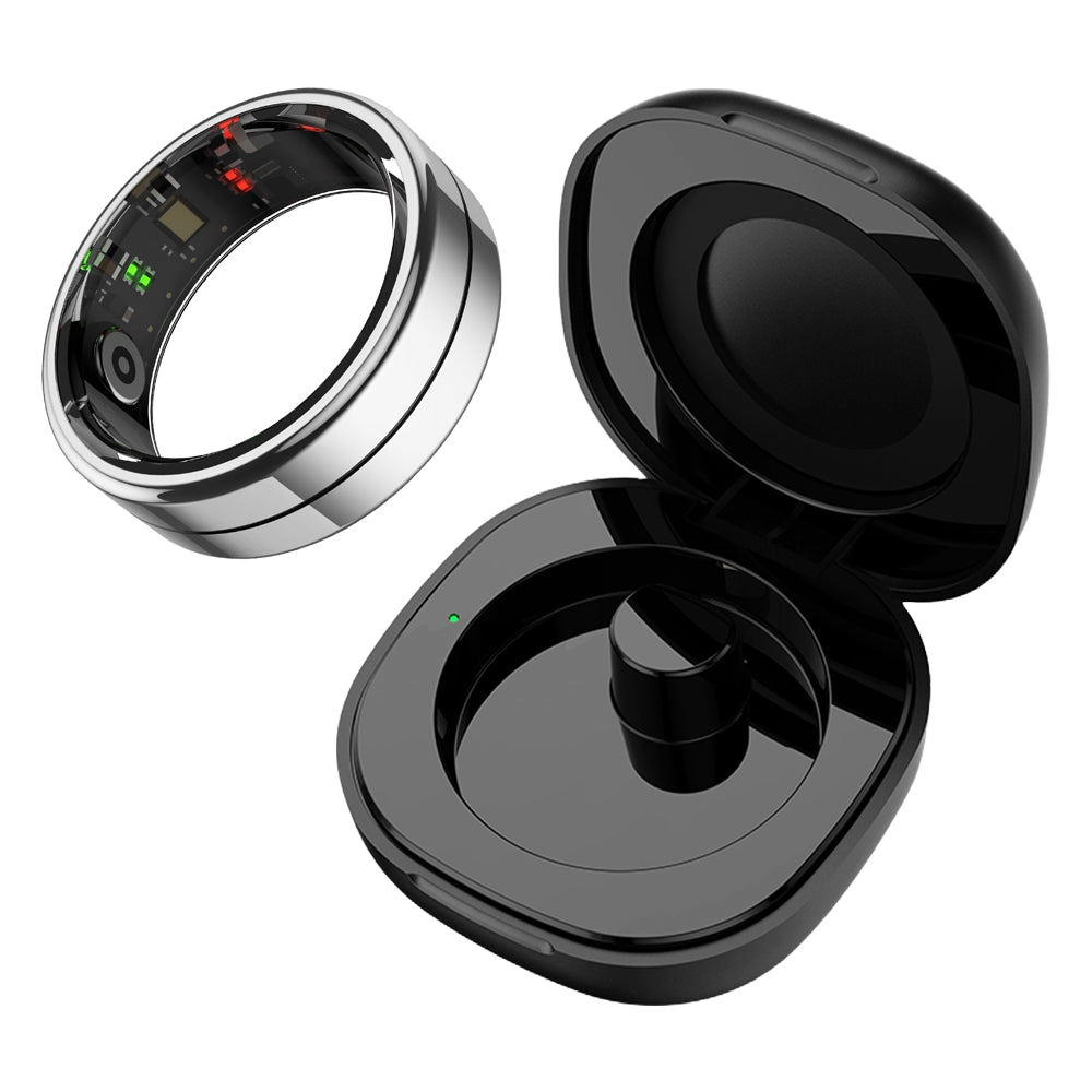 Colmi R07 Smart Ring in silver shown with charging case, featuring 5ATM waterproof rating and 30-day battery life, presented by Ovin