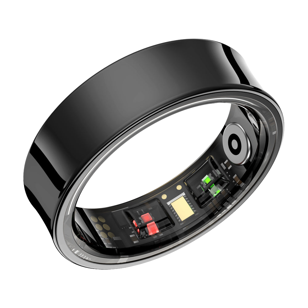 Alternate view of Colmi R09 Smart Ring in black featuring temperature monitoring and concave design, presented by Ovin