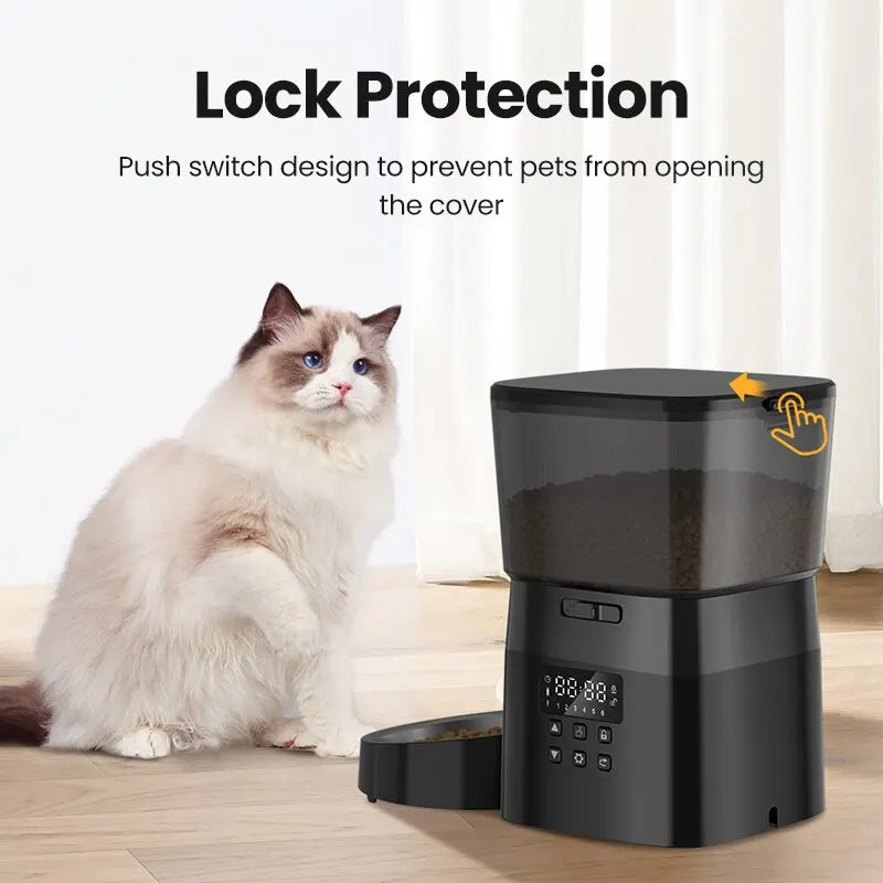 ROJECO 2L automatic pet feeder with button control and LCD display, featuring lock protection, presented by Ovin