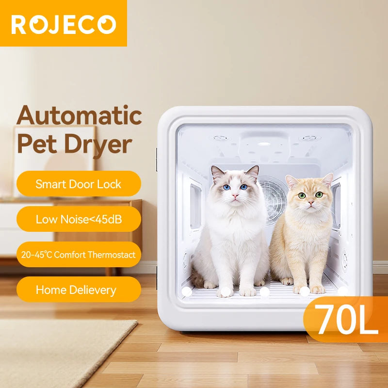 ROJECO smart pet dryer box with 70L capacity, 360° airflow, and UV sterilisation, automatic pet dryer, presented by Ovin